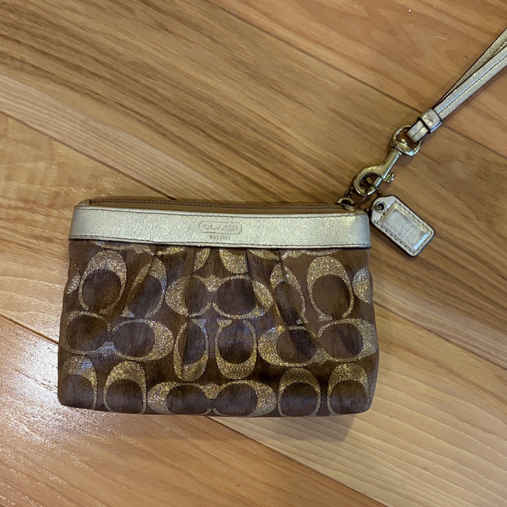 Coach Signature Brown and Gold Wristlet